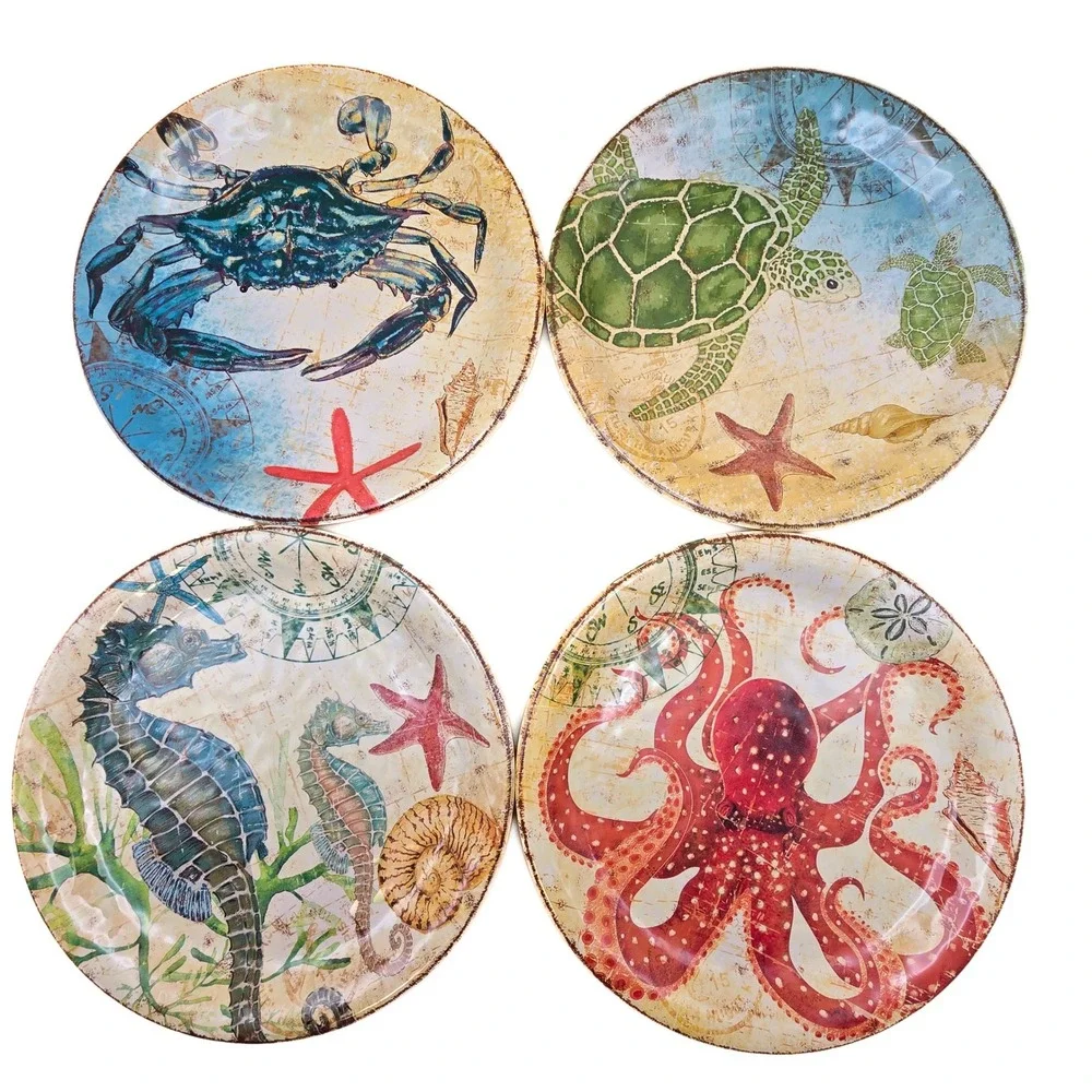 Pier 1 Imports Melamine Coastal Salad Plate Set Crab Turtle Seahorse Octopus 9in